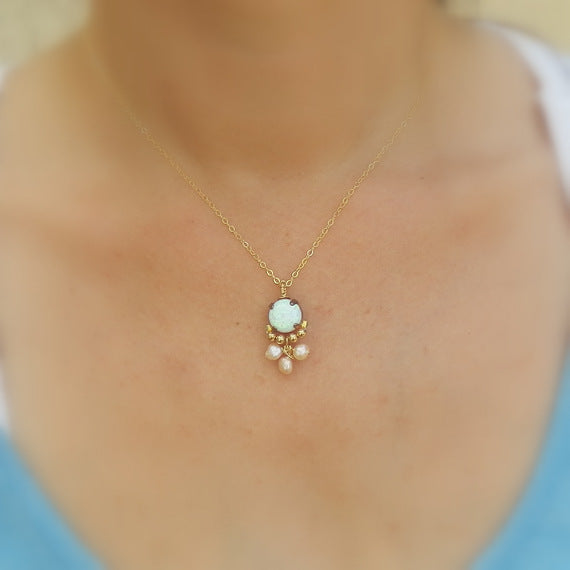 Lab Opal Pearl Clover Necklace