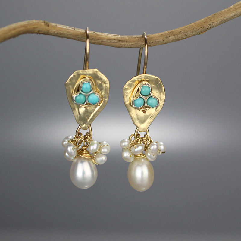 Turquoise Pearl Gold Filled Protection Earrings