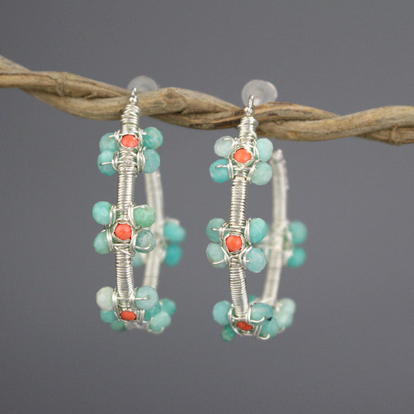 Silver Amazonite Coral Flower Hoops