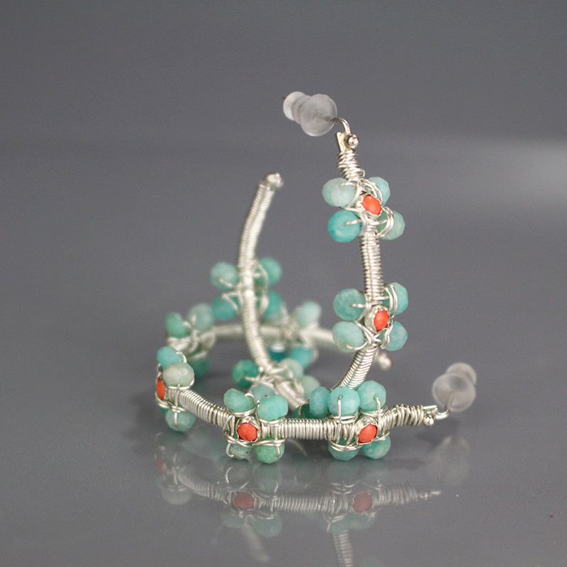 Silver Amazonite Coral Flower Hoops