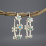 Silver Turquoise Pearl Flower Hoops
