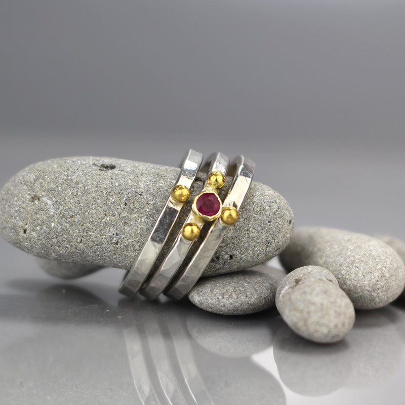 Silver Ruby Stacking Rings Set