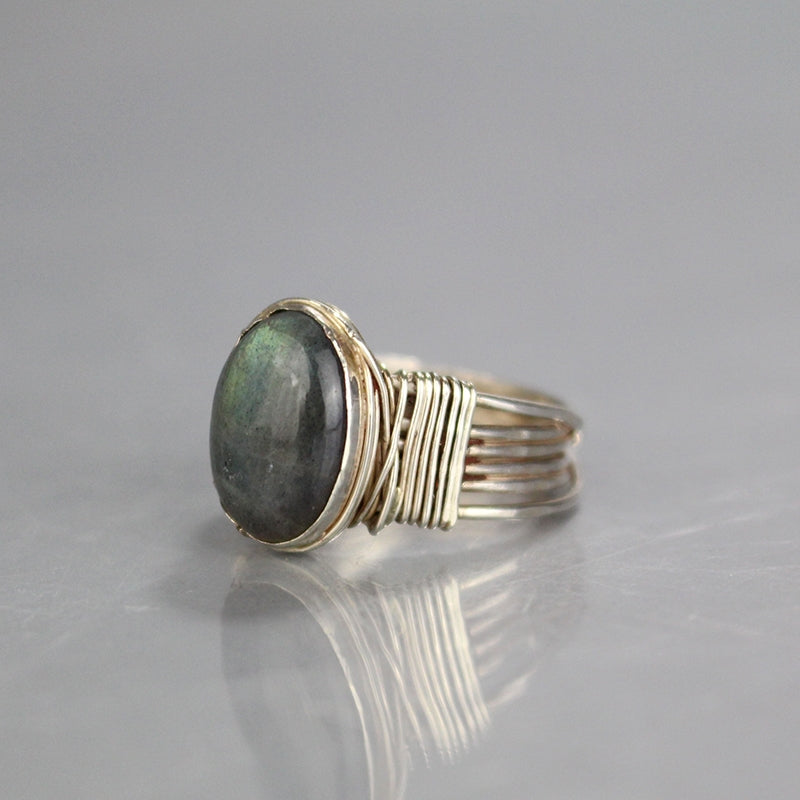 Silver Labradorite Wire Wrapped Ring