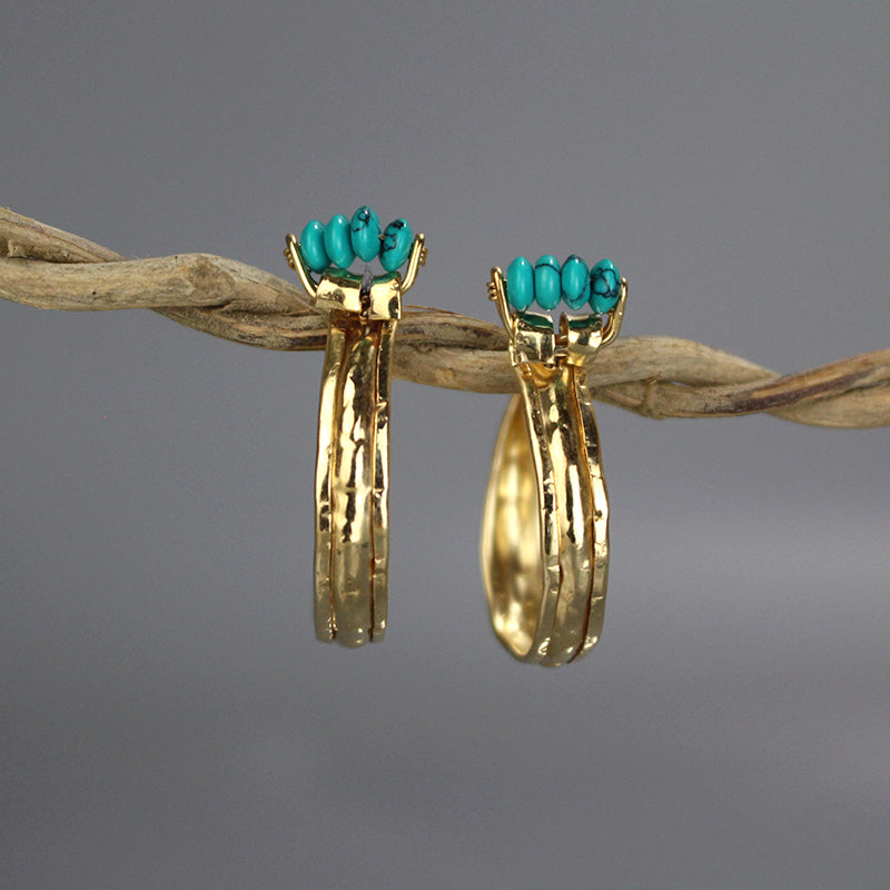 Turquoise Howlite Golden Crown Hoop Earrings