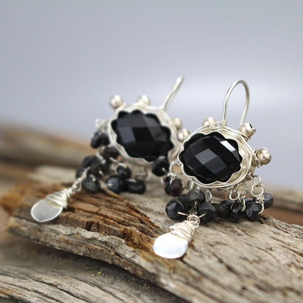 Silver Onyx Gemstone Waterfall Earrings