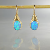 Wire Wrapped Blue Oval Opal Earrings