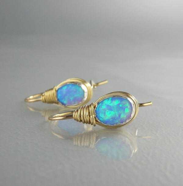 Wire Wrapped Blue Oval Opal Earrings