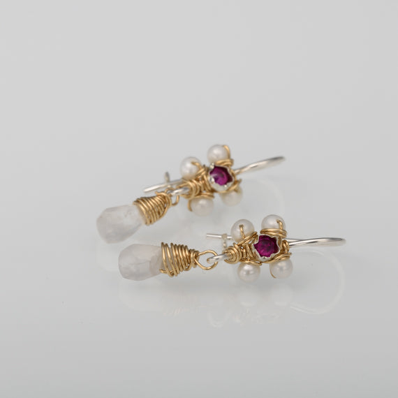 Pink Zircon Pearl Jasmine Flower Earrings