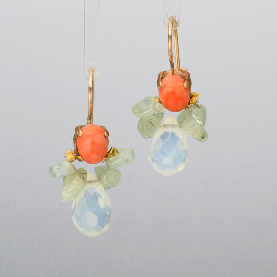 Red Coral and Aquamarine Bee Earrings in Copper