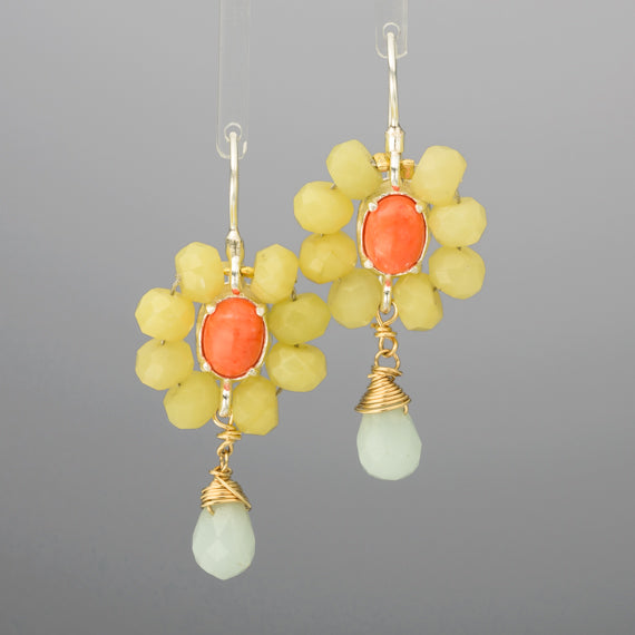 Coral Jade and Amazonite flower earrings