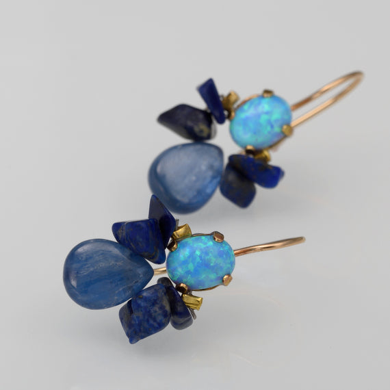 Bee Earrings with Lab Opal and Lapis in Copper